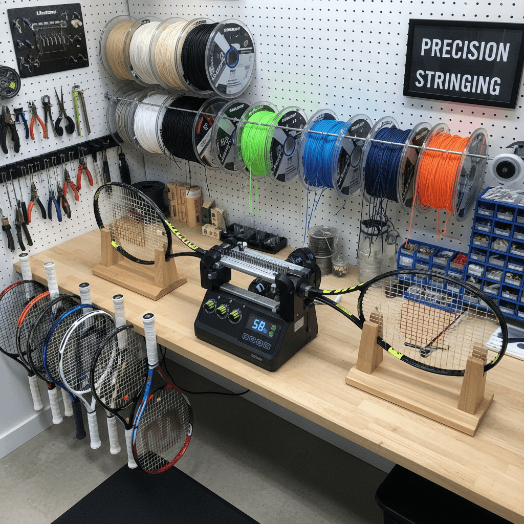 Selection of tennis strings and rackets