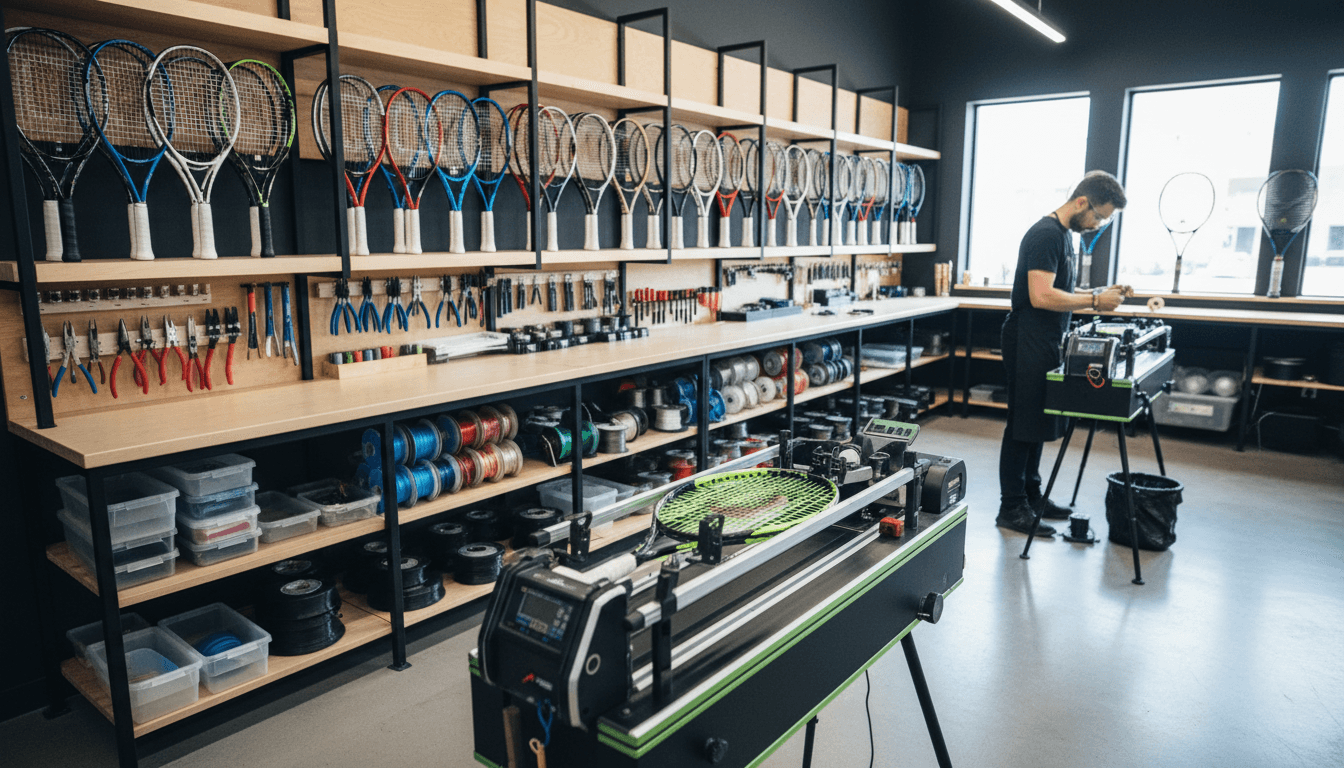 Professional tennis racket stringing with precision equipment