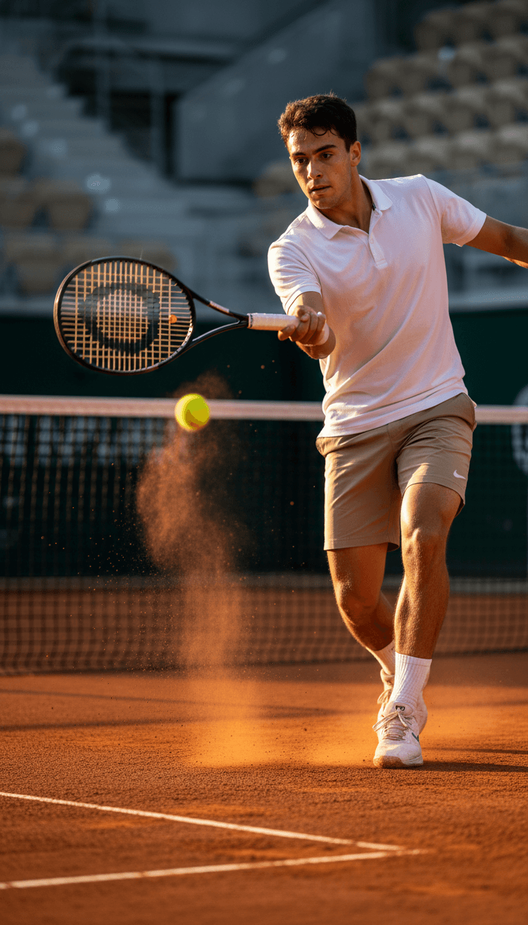 Tennis player mid-swing on court during match